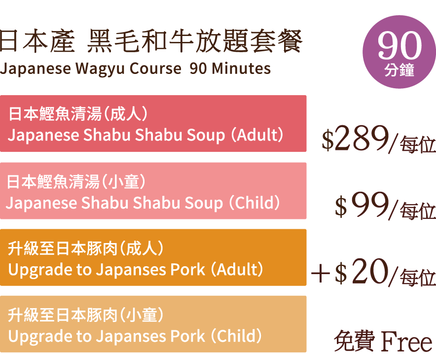 日本產 黑毛和牛放題套餐 90分鐘 Japanese Wagyu Course  90 Minutes 日本鰹魚清湯(成人) Japanese Shabu Shabu Soup (Adult) $289/每位 日本鰹魚清湯(小童)Japanese Shabu Shabu Soup (Child) $99/每位  升級至日本豚肉(成人) Upgrade to Japanses Pork (Adult) +$20/每位 升級至日本豚肉(小童)Upgrade to Japanses Pork (Child) 免費Free